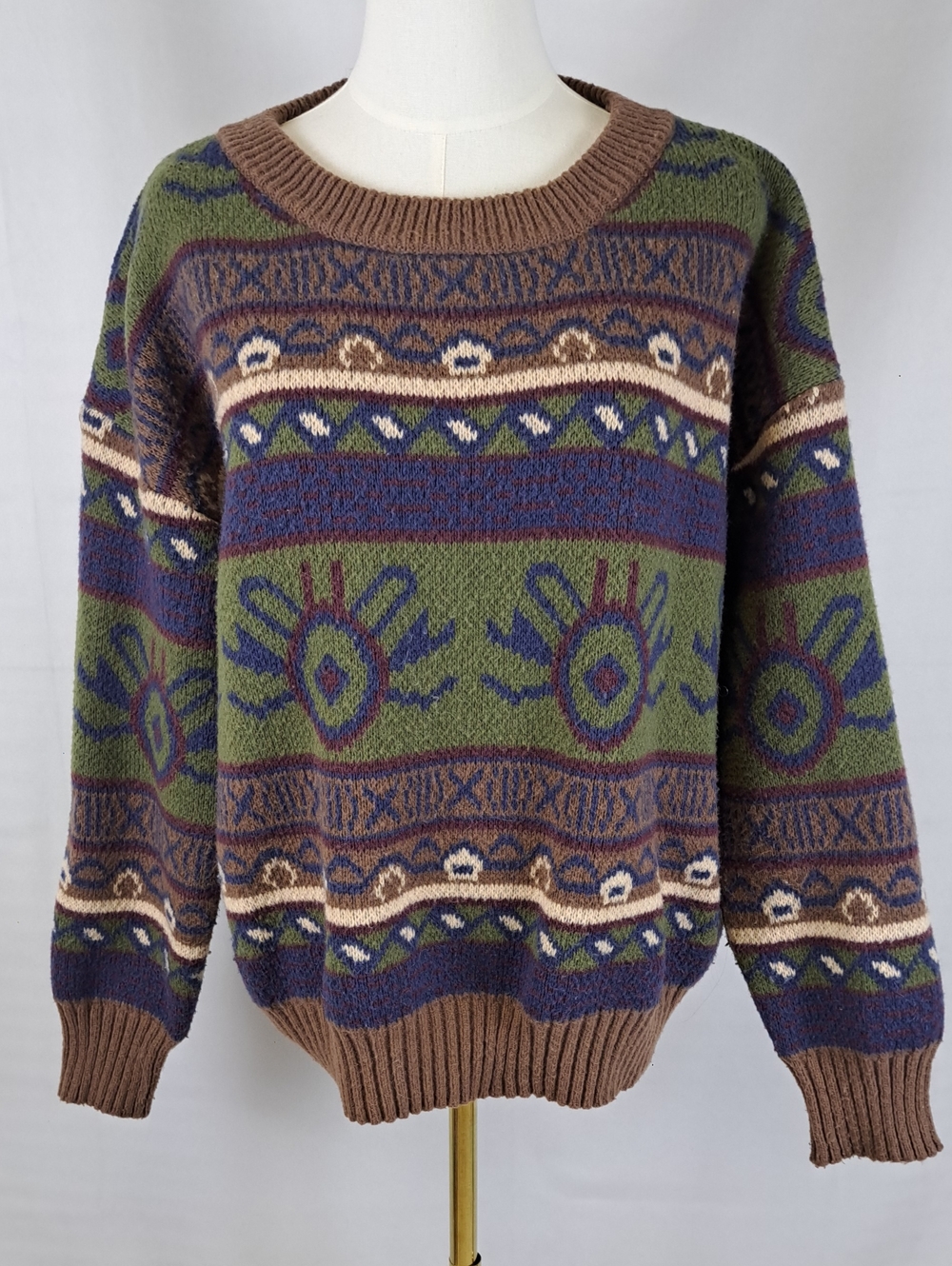 ROMWE Fairycore Earthy Olive Green Brown Geometric Knit Crewneck Knit Sweater XL